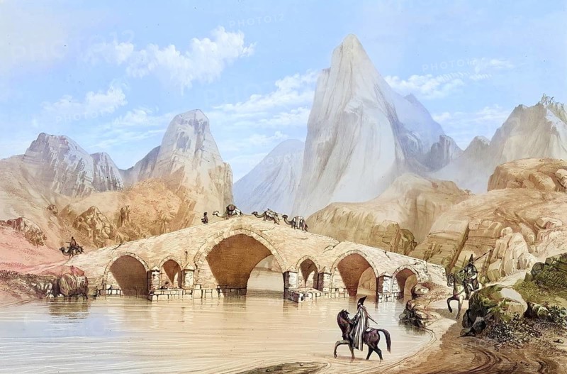 Pont du Kizil-Hauzen, also Kizil-Hauzen Bridge or Kiz Bridge, historical bridge over the river Qizil Uzun, Kizil Ozan, near Miyaneh in Iran, authentic, digitally restored reproduction from a 19th century model by Eugene Flandin (1809-1876), exact date of depiction unknown, historical, coloured