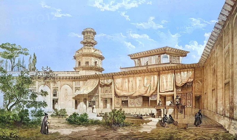 Palais du Tchar-Bach, also Tchar-Bach, Char Bagh, historical palace complex in Isfahan, Iran, authentic, digitally restored reproduction from a 19th century model by Eugene Flandin (1809-1876), exact date of depiction unknown, historical, coloured