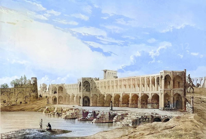 Pont Kadiou Bridge in Shiraz, Iran, authentic, digitally restored reproduction from a 19th century model by Eugene Flandin (1809-1876), exact date of depiction unknown, historical, coloured