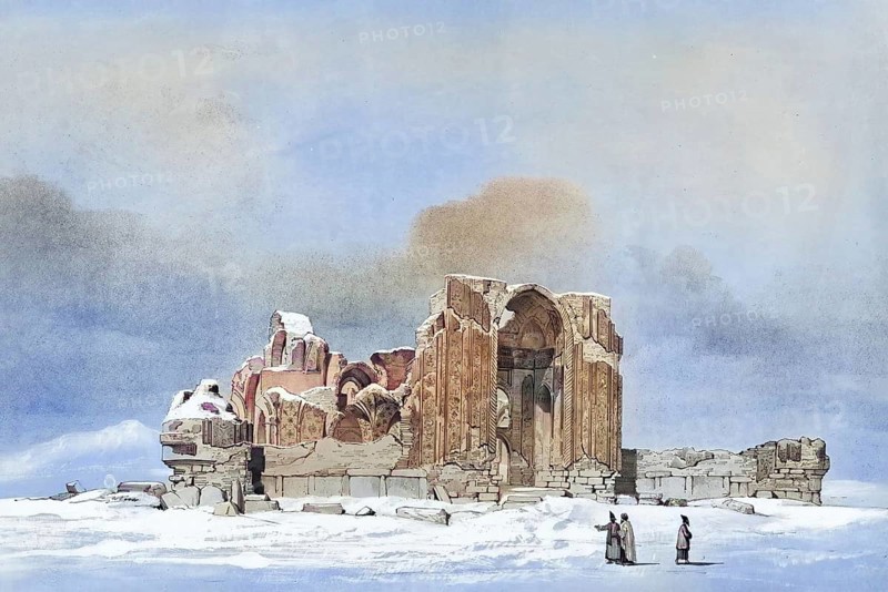 Ruin of a mosque near Tabriz, Iran, authentic, digitally restored reproduction from a 19th century model by Eugene Flandin (1809-1876), exact date of depiction unknown, historical, coloured