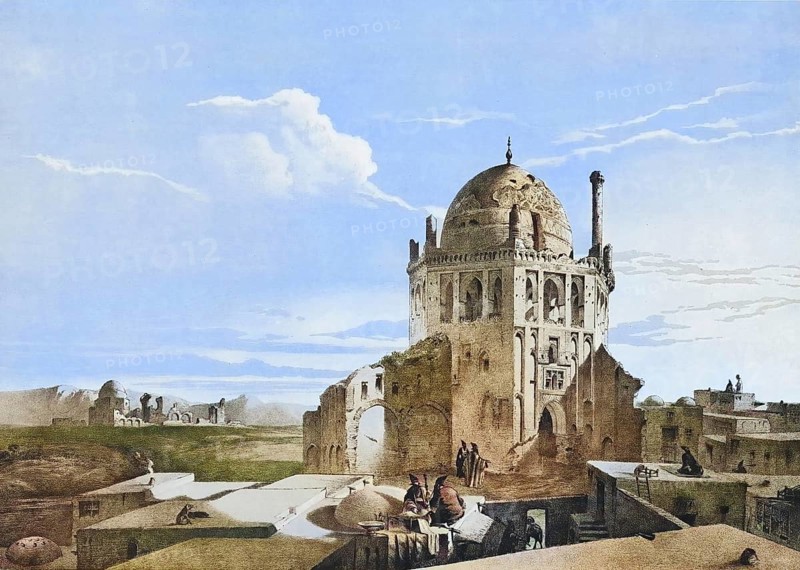 Chah-Khodah-Bendeh, Sultan Muhammad Chodabande, oil mausoleum, dome of Soltaniyeh, is one of the most important monuments of Persian architecture and has been a UNESCO World Heritage Site since 2005, in Sultaniye, Iran, authentic, digitally restored reproduction from a 19th century model by Eugene Flandin (1809-1876), exact date of depiction unknown, historical, coloured