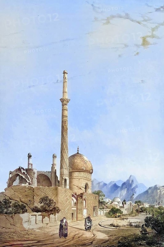 Baba Soukhteh Mosque, Mosquee Baba-Souctah, historical building in Isfahan, Iran, authentic, digitally restored reproduction from a 19th century model by Eugene Flandin (1809-1876), exact date of depiction unknown, historical, coloured
