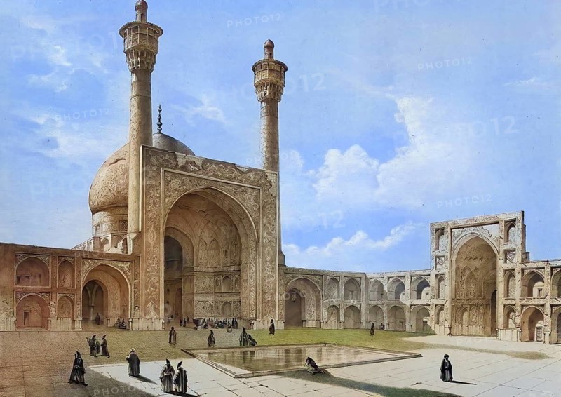Courtyard, Great Mosque in Isfahan, Iran, authentic, digitally restored reproduction from a 19th century model by Eugene Flandin (1809-1876), exact date of depiction unknown, historical, coloured