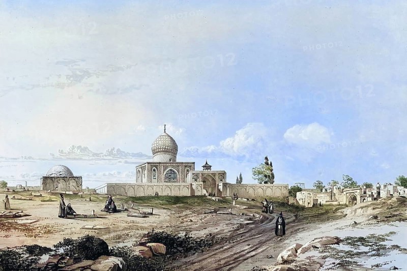 Imamzadeh Hossein, also known as Iman-zadeh Hussein, is an important religious site and mausoleum in the Iranian city of Qazvin, Casbin. The mausoleum houses the tomb of Shahzadeh Hossein, a son of the eighth Shia Imam, Imam Reza. He died in 816 AD in Qazvin, Iran, authentic, digitally restored reproduction from a 19th century model by Eugene Flandin (1809-1876), exact date of depiction unknown, historical, coloured