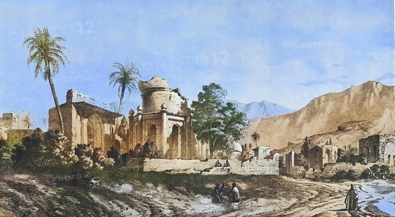 Kazerun, Kazeroon, city in the southwest of Iran in the province of Fars, close to the ancient city of Bishapur, authentic, digitally restored reproduction from a 19th century model by Eugene Flandin (1809-1876), exact date of depiction unknown, historical, coloured