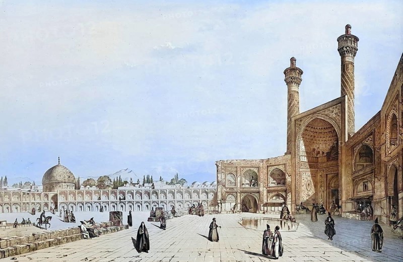 Entrance to the great mosque in Isfahan, Iran, authentic, digitally restored reproduction from a 19th century model by Eugene Flandin (1809-1876), exact date of depiction unknown, historical, coloured