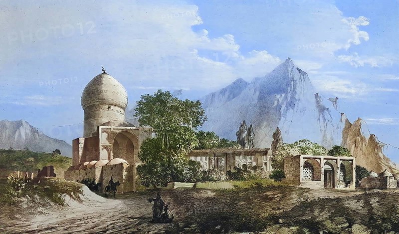 Imamzadeh A Koumichah, also Imamzadeh-ye Koumichah, a historical shrine, shrine or tomb of a descendant of a Shiite Imam, in the region of Iraq-Adjami, in present-day Iran, authentic, digitally restored reproduction from a 19th century model by Eugene Flandin (1809-1876), exact date of depiction unknown, historical, coloured
