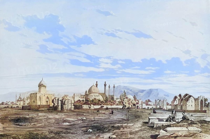 The historical cemetery in Isfahan, Persia, Iran, Takht-e-Foulad, authentic, digitally restored reproduction from a 19th century model by Eugene Flandin (1809-1876), exact date of depiction unknown, historical, coloured