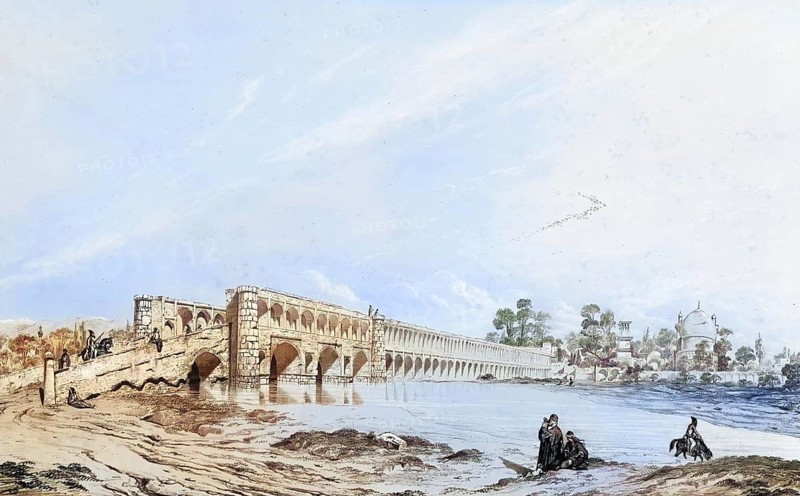 Pont de Djoulfa, Si-o-Se-Pol Bridge or the Khaju Bridge in Isfahan, located near the Armenian quarter of Djoulfa, Jolfa, authentic, digitally restored reproduction from a 19th century model by Eugene Flandin (1809-1876), exact date of depiction unknown, historical, coloured