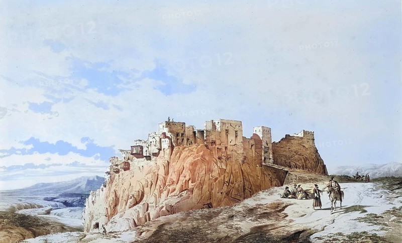 Yezd-i-Kast, ezdi-Khast, Yazd-e Khast a historically important site in the province of Fars in Iran, authentic, digitally restored reproduction from a 19th century model by Eugene Flandin (1809-1876), exact date of depiction unknown, historical, coloured