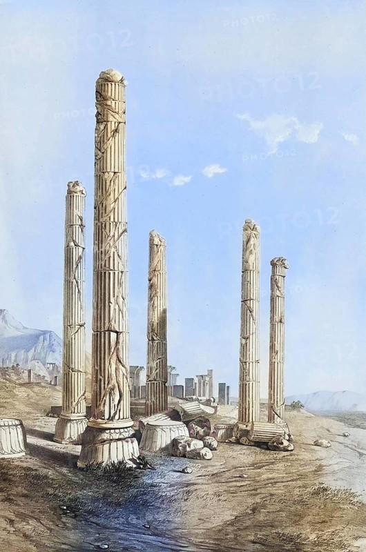 Ruins of Persepolis, Iran, authentic, digitally restored reproduction from a 19th century model by Eugene Flandin (1809-1876), exact date of depiction unknown, historical, coloured