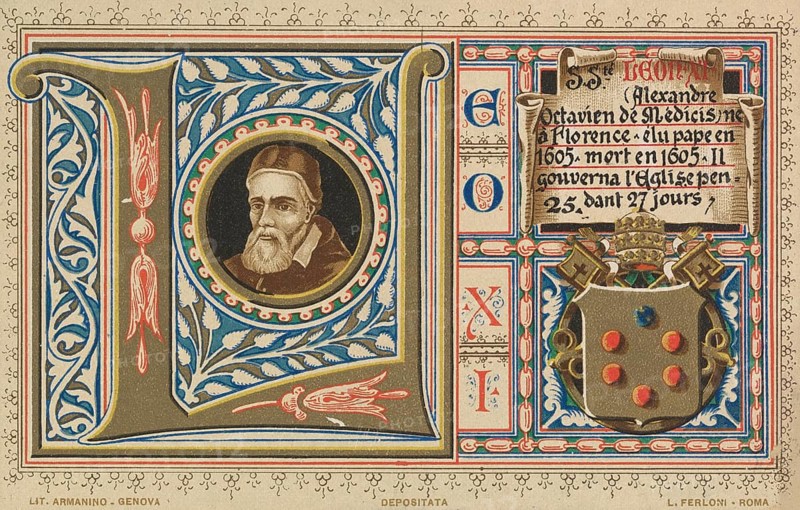Leo XI (born 2 June 1535 in Florence, died 27 April 1605 in Rome), born as Alessandro Ottaviano de' Medici, was Pope from 1 April to 27 April 1605, Illustration, Reproduction from a 19th century original. Authentic, file restored for optimal use, exact date of original unknown, Historical