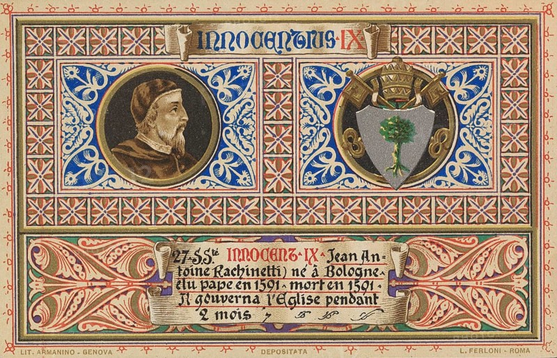 Innocent IX (born 20 July 1519 in Bologna, died 30 December 1591 in Rome), real name Giovanni Antonio Facchinetti, was pope from 29 October 1591 until his death, illustration, reproduction from a 19th century original. Authentic, file restored for optimal use, exact date of original unknown, Historical