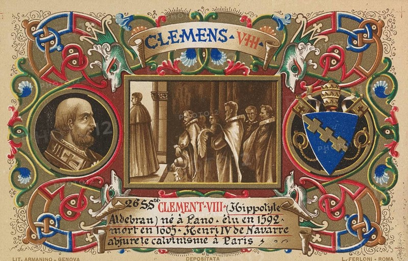 Clement VIII born February 24, 1536 in Fano, died March 3, 1605 in Rome), birth name Ippolito Aldobrandini, was Pope from February 2, 1592 until his death, illustration, reproduction from a 19th century model. Authentic, file restored for optimal use, exact date of submission unknown, historical