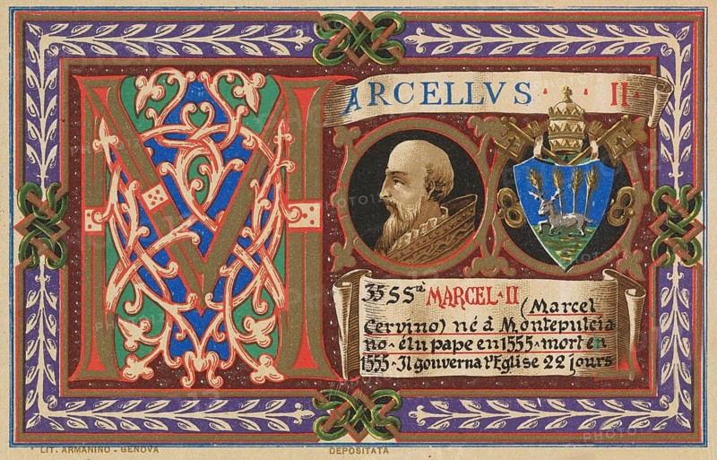 Marcellus II (born 6 May 1501 in Montefano (Marche), died 1 May 1555 in Rome), birth name Marcello Cervini degli Spannocchi, was pope from 9 April to 1 May 1555, illustration, reproduction from a 19th century model. Authentic, file restored for optimal use, exact date of original unknown, Historical