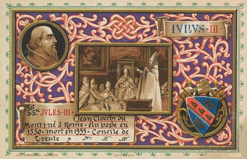 Julius III (born 10 September 1487 as Giovanni Maria Ciocchi Del Monte in Rome, died 23 March 1555 in Rome) was Pope from 7 February 1550 to 23 March 1555, Illustration, Reproduction from a 19th century original. Authentic, file restored for optimal use, exact date of original unknown, Historical