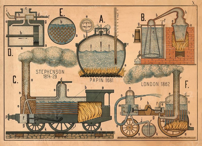Technical drawing depicting various early steam engines and their developers. It shows schematic representations of Denis Papin's pressure cooker (1681), George Stephenson's locomotive (1814-29) and other steam applications illustrating the development of steam power during the industrial revolution, illustration, reproduction from a 19th century master. Authentic, file restored for optimal use, exact date of original unknown, Historical