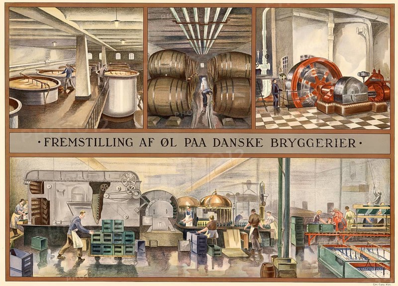 Traditional craft, beer production in a brewery in Denmark, 1930, illustration, reproduction from a model from the 19th century. Authentic, file restored for optimal use, exact date of submission unknown, historical