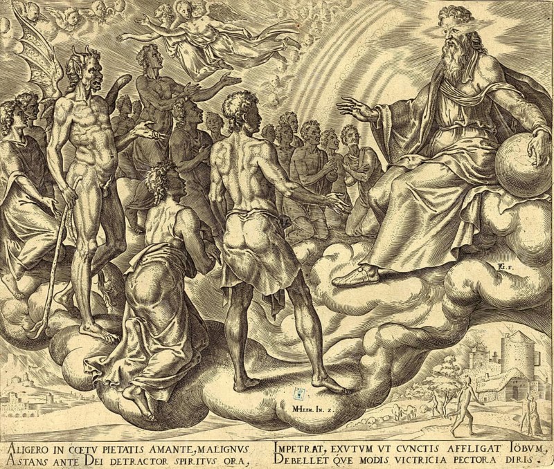 Biblical story of Job, This scene is from the book of Job and describes a heavenly meeting in front of God, in which Satan, Hebrew for the accuser or adversary, also appears, after an etching by Dutch artist Maarten van Heemskerck from 1569, illustration, reproduction from a 19th-century model. Authentic, file restored for optimal use, exact date of submission unknown, historical