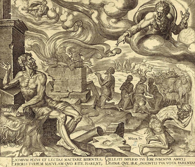 Biblical story of Job, God answers Job at the end of his difficult time of trial (Job chapters 38 to 41) . Instead of giving Job a direct explanation for his suffering, the Lord appears in a storm, after an etching by the Dutch artist Maarten van Heemskerck from 1569, illustration, reproduction from a 19th century original. Authentic, file restored for optimal use, exact date of the original unknown, Historical