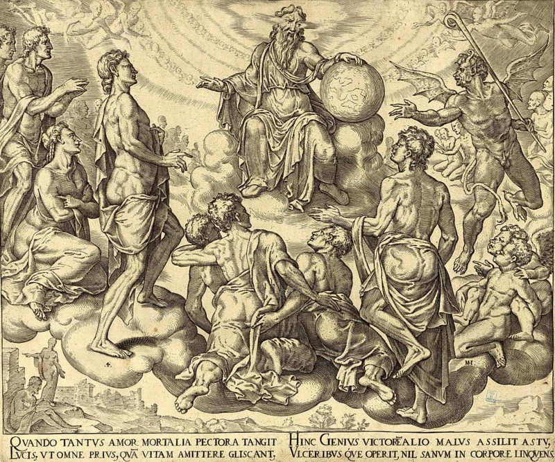 Biblical story of Job, In the Book of Job (chapters 1 and 2) Satan challenges God by claiming that Job's piety is merely the result of divine protection and blessing, after an etching by the Dutch artist Maarten van Heemskerck from 1569, illustration, reproduction from a 19th century original. Authentic, file restored for optimal use, exact date of the original unknown, Historical