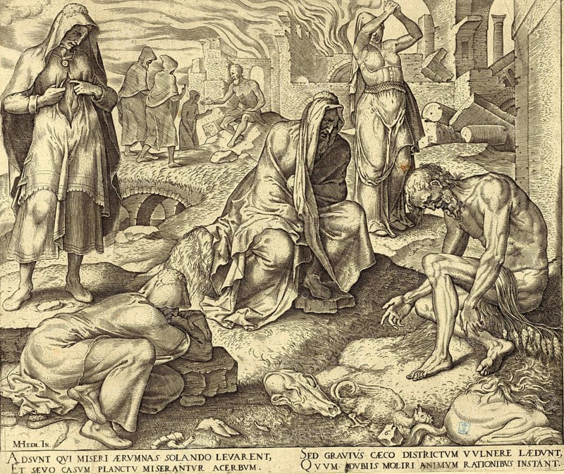Biblical story of Job, Job on the dunghill describes the biblical scene (Job 2, 8) in which Job, after the loss of family and possessions, seriously ill and full of boils, sits on a dunghill to scatter ashes over his head, after an etching by the Dutch artist Maarten van Heemskerck from 1569, illustration, reproduction from a 19th century original. Authentic, file restored for optimal use, exact date of the original unknown, Historical