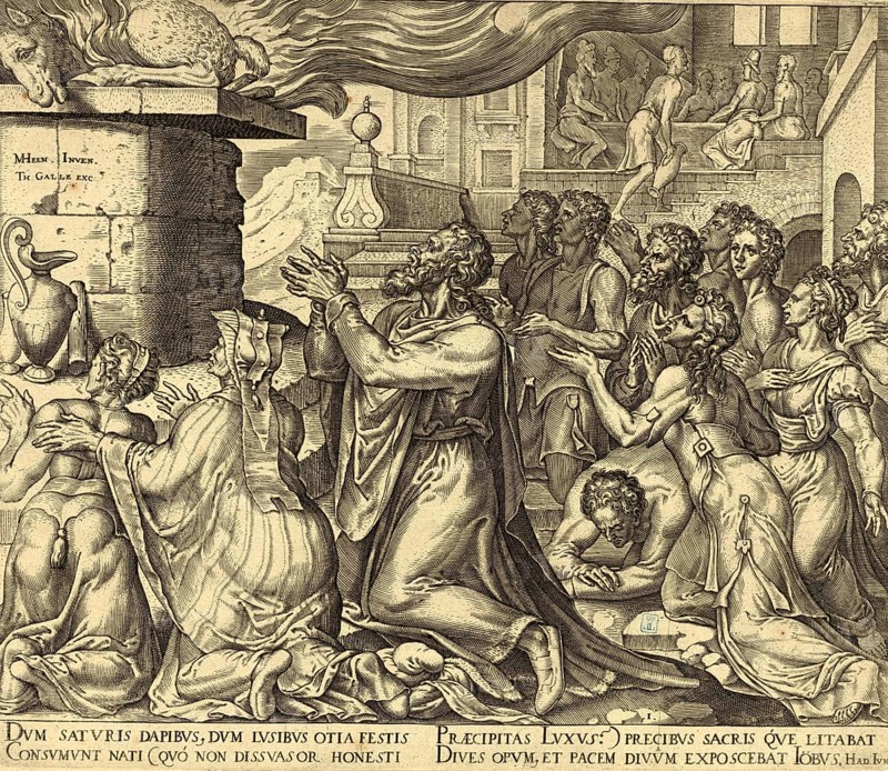 Biblical story of Job, In Job 1, 5, Job offers burnt offerings for his children out of concern that they might have sinned and denied God in their hearts, based on an etching by Dutch artist Maarten van Heemskerck from 1569, illustration, reproduction from a 19th-century model. Authentic, file restored for optimal use, exact date of submission unknown, historical