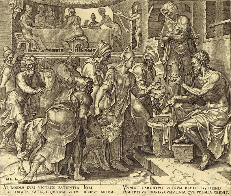 In the biblical story of Job, receiving gifts is a central part of the happy ending in chapter 42 of the book of Job, based on an etching by Dutch artist Maarten van Heemskerck from 1569, illustration, reproduction from a 19th-century model. Authentic, file restored for optimal use, exact date of submission unknown, historical