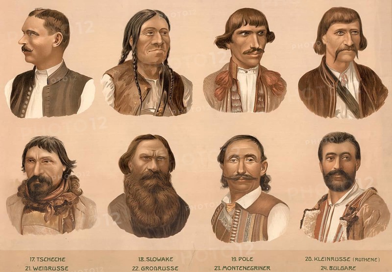 Schematic diagram, European ethnic types: Czechs, Slovaks, Poles, Little Russian, Belorussians, Montenegrins, Bulgarians, illustration, reproduction from a model from the 19th century. Authentic, file restored for optimal use, exact date of submission unknown, historical