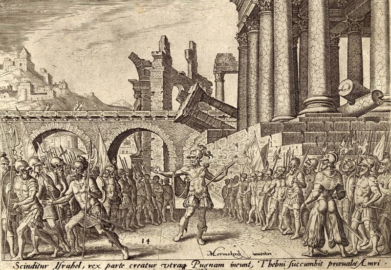 From The Disasters of The Jewish People: After the death of King Zimri, the people of Israel (ca. 885 BC) divided into two camps: one half followed Tibni, the other Omri, illustration, reproduction from a 19th century original. Authentic, file restored for optimal use, exact date of original unknown, Historical