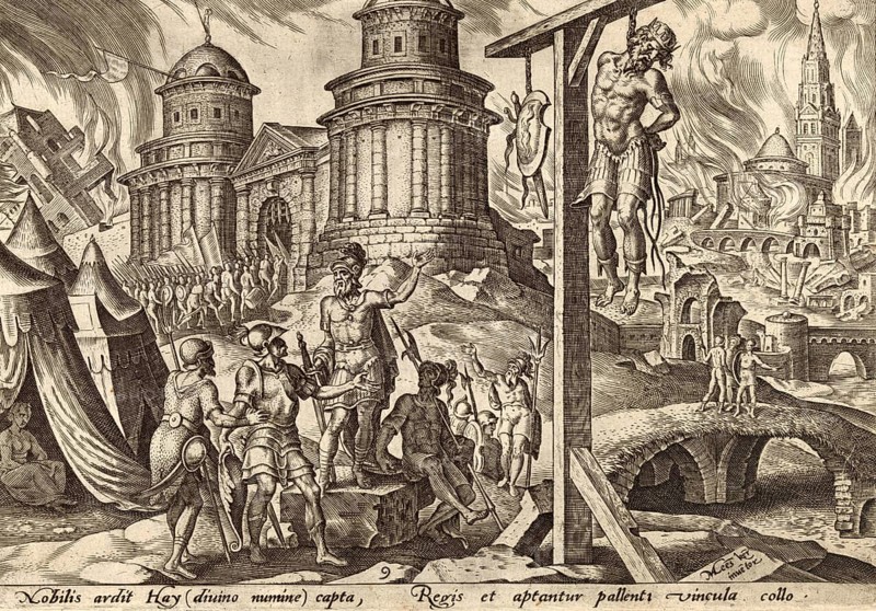 From The Disasters of The Jewish People: In the Bible (Joshua 8), Joshua hangs the king of Ai on a pole until evening. But when the sun went down, Joshua commanded his body to be taken down from the pole, illustration, reproduction from a 19th century original. Authentic, file restored for optimal use, exact date of original unknown, Historical