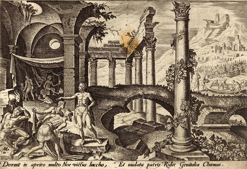 From The Disasters of The Jewish People: After the flood was over, Noah became a winemaker, got drunk and lay naked in his tent. His son Ham saw his father's nakedness and told his brothers Sem and Japhet instead of covering him. This behavior is often interpreted as disrespectful ridicule or dishonest, illustration, reproduction from a 19th-century template. Authentic, file restored for optimal use, exact date of submission unknown, historical