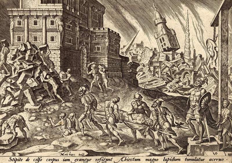 From The Disasters of The Jewish People: After the conquest of the city of Ai by the Israelites under the leadership of Joshua, the king of Ai was captured, hanged and then placed his body at the entrance of the city gate and covered with a large pile of stones, illustration, reproduction of a model from the 19th century. Authentic, file restored for optimal use, exact date of submission unknown, historical