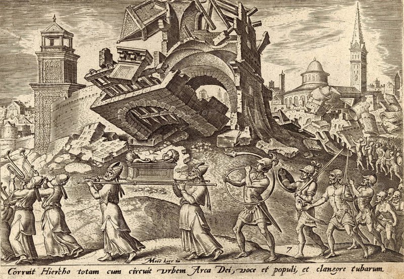 From The Disasters of The Jewish People: The Destruction of Jericho is a biblical narrative from the Book of Joshua (Chapter 6), in which the walls of the Canaanite city collapsed after seven days of ritual circumambulation by the Israelites, the sound of trumpets and loud shouting, illustration, reproduction from a 19th century original. Authentic, file restored for optimal use, exact date of original unknown, Historical
