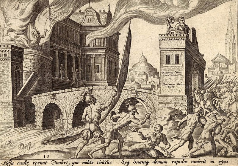 From The Disasters of The Jewish People: The Conquest of Tirzah was a significant event in the biblical history of the northern kingdom of Israel, in which the city, which temporarily served as the capital, was destroyed during a power struggle, illustration, reproduction from a 19th-century model. Authentic, file restored for optimal use, exact date of submission unknown, historical