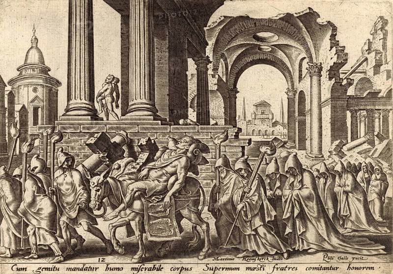 From The Disasters of The Jewish People: Samson's burial is described in the Old Testament (Judges 16:31) . After his death by the collapse of the Philistine temple, his brothers and his whole family picked him up, took him away and buried him between Zorah and Eshtaol in the burial place of his father Manoah, illustration, reproduction from a 19th century original. Authentic, file restored for optimal use, exact date of original unknown, Historical