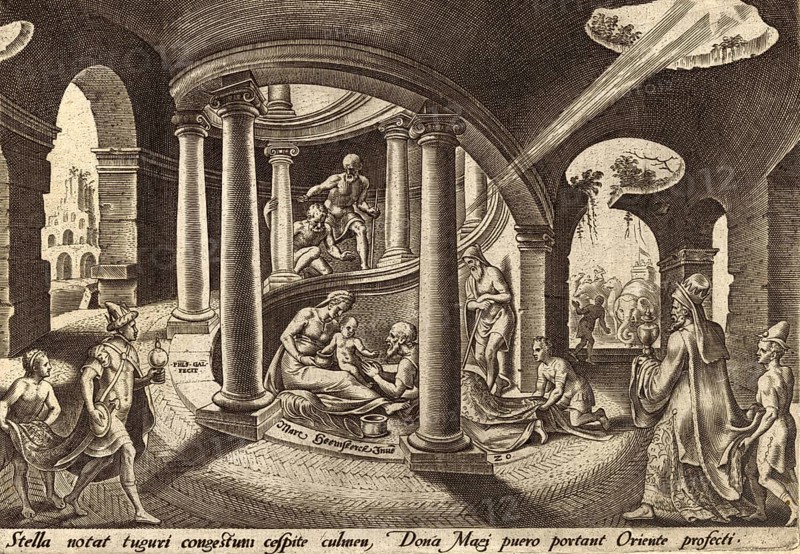 From The Disasters of The Jewish People: The Adoration of the Magi describes the visit of the wise men from the East to the newborn baby Jesus, illustration, reproduction from a 19th-century model. Authentic, file restored for optimal use, exact date of submission unknown, historical