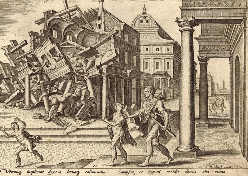 From The Disasters of The Jewish People: After his capture and blinding by the Philistines, the biblical judge Samson is taken from prison to mock the Philistines in the Temple of Dagon, illustration, reproduction from a 19th century original. Authentic, file restored for optimal use, exact date of original unknown, Historical