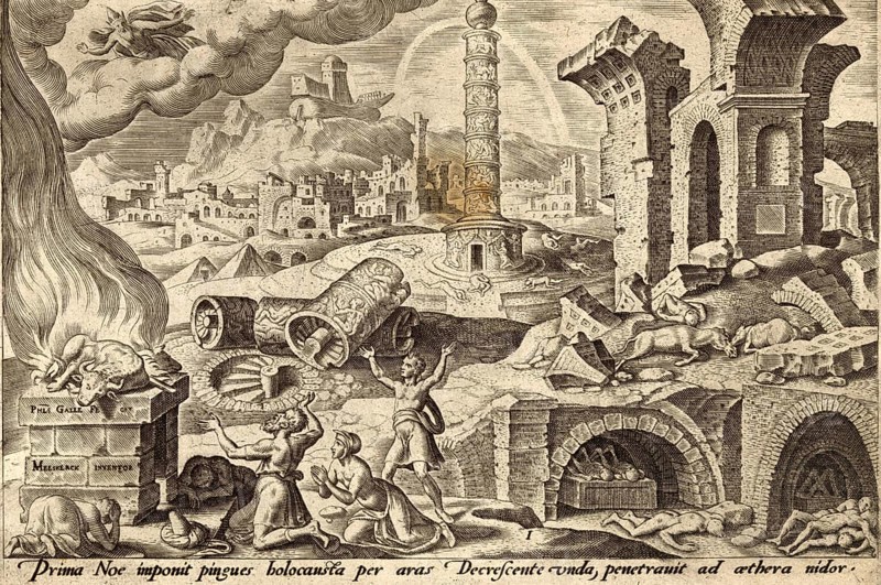 From The Disasters of The Jewish People: After the Flood, Noah offered a burnt offering to God for the rescue by sacrificing every pure animal and bird, illustration, reproduction from a 19th-century model. Authentic, file restored for optimal use, exact date of submission unknown, historical