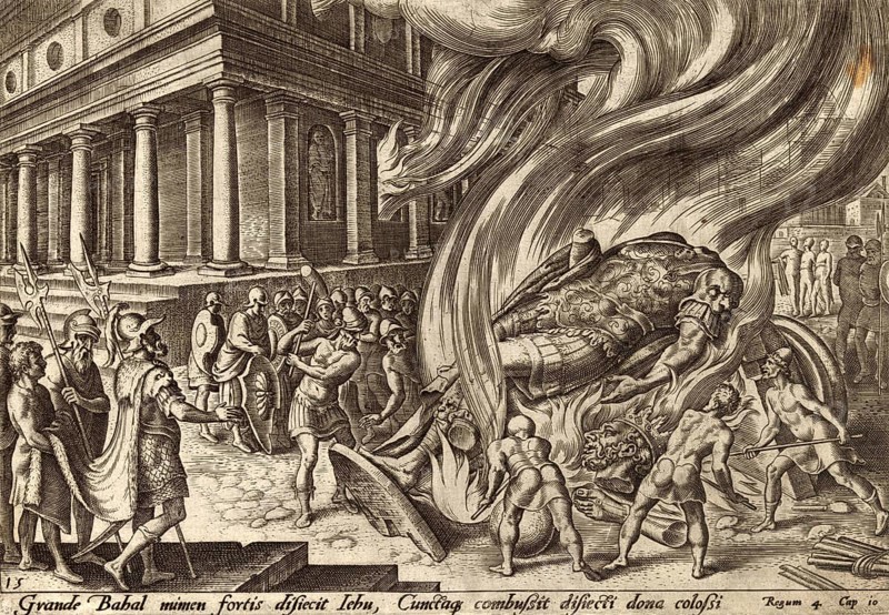 From The Disasters of The Jewish People: Jehu, King of Israel, destroyed the Baal cult by having its temple made into a cession, burning the Baal statue and killing the priests, illustration, reproduction from a 19th-century model. Authentic, file restored for optimal use, exact date of submission unknown, historical