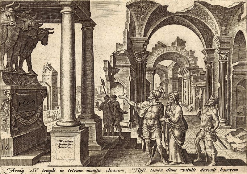 From The Disasters of The Jewish People: Jehu, King of Israel, venerates the golden calves built by Jeroboam in Bethel and Dan golden calves, illustration, reproduction from a 19th-century model. Authentic, file restored for optimal use, exact date of submission unknown, historical