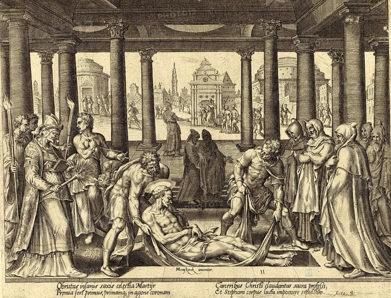 From The Disasters of The Jewish People: Stephen was one of the first deacons of the Christian church and the first Christian martyr to be stoned to death. depicting the burial of the first martyr (protomartyr) after his stoning, illustration, reproduction from a 19th century original. Authentic, file restored for optimal use, exact date of original unknown, Historical