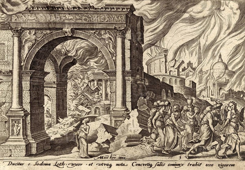 From The Disasters of The Jewish People: Lot and his family leaving the burning Sodom, found in Genesis chapter 19, illustration, reproduction from a 19th century original. Authentic, file restored for optimal use, exact date of original unknown, Historical