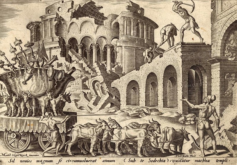From The Disasters of The Jewish People: The Chaldeans carry away the temple treasures. The work depicts the sacking of the Temple in Jerusalem by the Babylonians (Chaldeans), illustration, reproduction from a 19th century original. Authentic, file restored for optimal use, exact date of original unknown, Historical