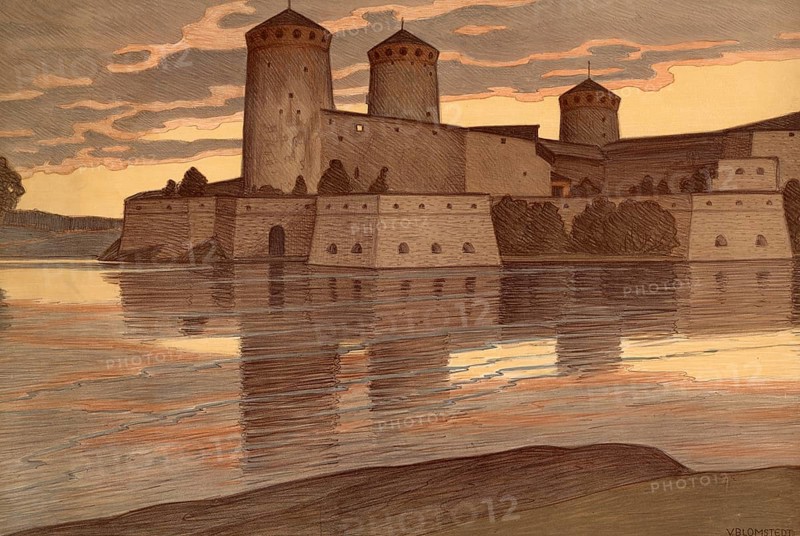 Olavinlinna or Olofsborg is a medieval castle from 1475 in the city of Savonlinna in Finland. It is considered to be the best preserved medieval castle in Northern Europe, illustration, reproduction from a model from the 19th century. Authentic, file restored for optimal use, exact date of submission unknown, historical