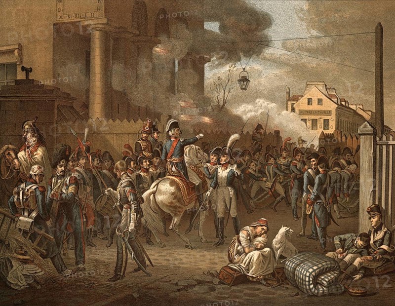 Battle of Paris on March 30, 1814, the last battle of the winter campaign of 1814. The allied troops Russia, Austria, Prussia, Württemberg attacked Paris, which was defended by numerically outnumbered French troops. Marshal Bon-Adrien-Jeannot de Moncey defends the city limits at the Barrière de Clichy against Russian Cossacks, illustration, reproduction from a 19th-century model. Authentic, file restored for optimal use, exact date of submission unknown, historical