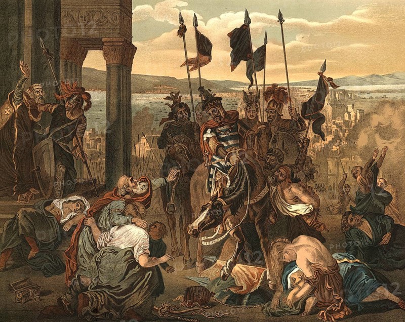 The conquest of Constantinople in April 1204 was the culmination of the Fourth Crusade, in which French crusaders and Venetians under Doge Enrico Dandolo sacked the city and weakened the Byzantine Empire, illustration, reproduction from a 19th-century model. Authentic, file restored for optimal use, exact date of submission unknown, historical
