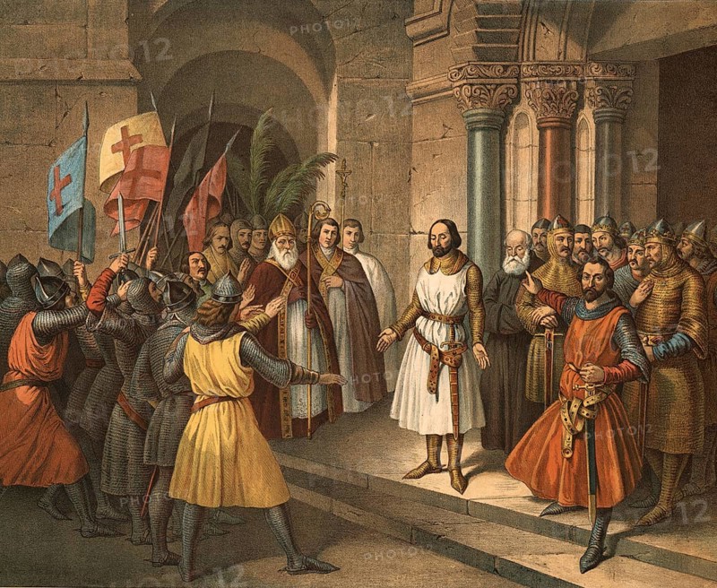 Godfrey of Bouillon was a chief leader of the First Crusade and became a central figure after the brutal conquest of Jerusalem on July 15, 1099. On July 22, 1099, he took over the reign as Advocatus Sancti Sepulchri, protector of the Holy Sepulchre, illustration, reproduction from a 19th-century model. Authentic, file restored for optimal use, exact date of submission unknown, historical