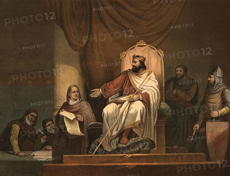 Emperor Charlemagne (768 - 814) used capitularies as central royal reform instruments to enforce his political goals. These legislative decrees were dictated or written in the environment of the Carolingian court and served to bind the magnates, Illustration, reproduction from a 19th century original. Authentic, file restored for optimal use, exact date of original unknown, Historical