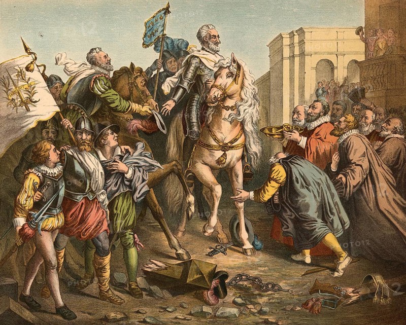 The entry of Henry IV into Paris took place on 22 March 1594 and was a decisive moment during the French Wars of Religion (1562-1598) . The originally Protestant king converted to Catholicism in 1593, illustration, reproduction from a 19th century original. Authentic, file restored for optimal use, exact date of original unknown, Historical